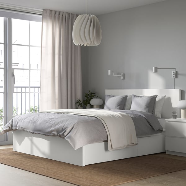 IKEA MALM High Bed Frame/4 Storage Boxes White/Luröy Queen