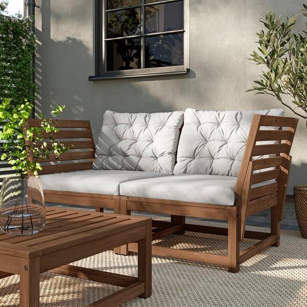 IKEA NÄMMARÖ 2-seat Modular Sofa Outdoor Armrests Light Brown Stained/Kuddarna Light Grey-beige