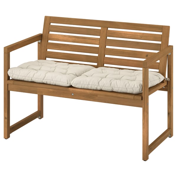 IKEA NÄMMARÖ Bench with backrest and cushions light brown stained/Kuddarna light grey-beige