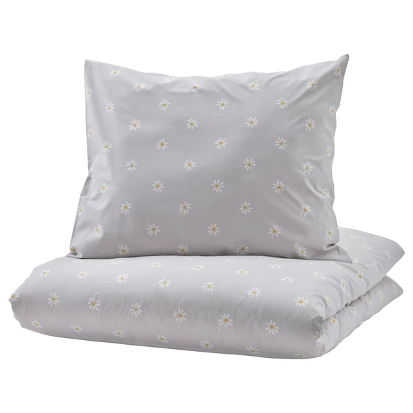 IKEA NATTSLÄNDA Duvet cover and pillowcase(s) floral pattern gray/white Twin