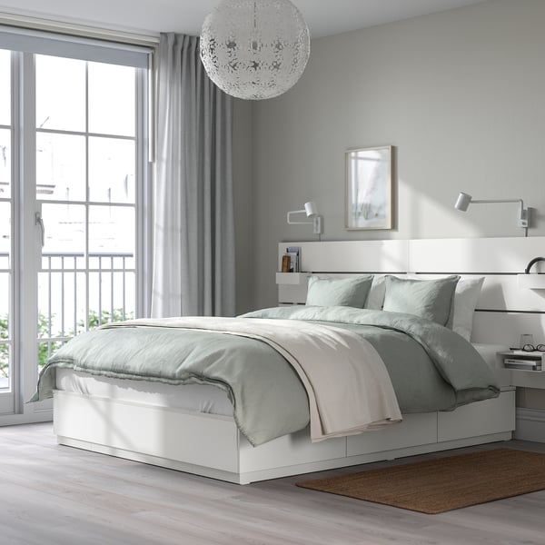 IKEA NORDLI Bed Frame With Storage And Mattress With Headboard White/Valevåg Medium Firm Queen