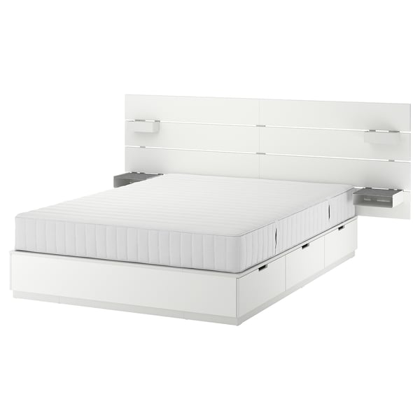IKEA NORDLI Bed frame with storage and mattress with headboard white/Valevåg medium firm Queen