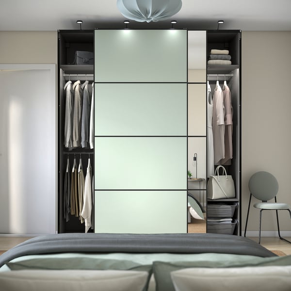 IKEA PAX / MEHAMN/AULI Wardrobe With Sliding Doors Dark Gray Double Sided/light Green Mirror Glass 78 3/4x26x93 1/8 "