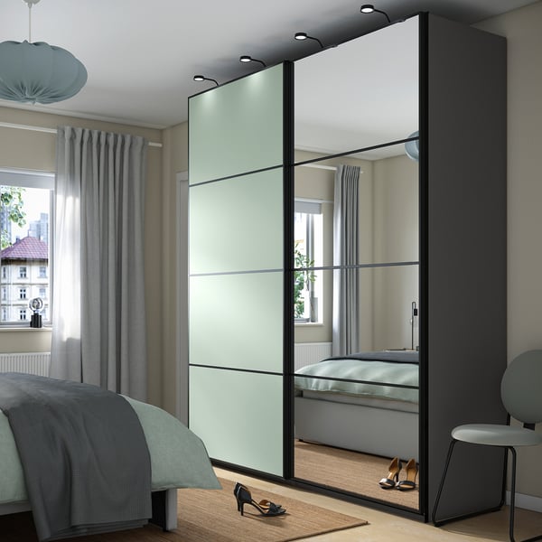 IKEA PAX / MEHAMN/AULI Wardrobe With Sliding Doors Dark Gray Double Sided/light Green Mirror Glass 78 3/4x26x93 1/8 "