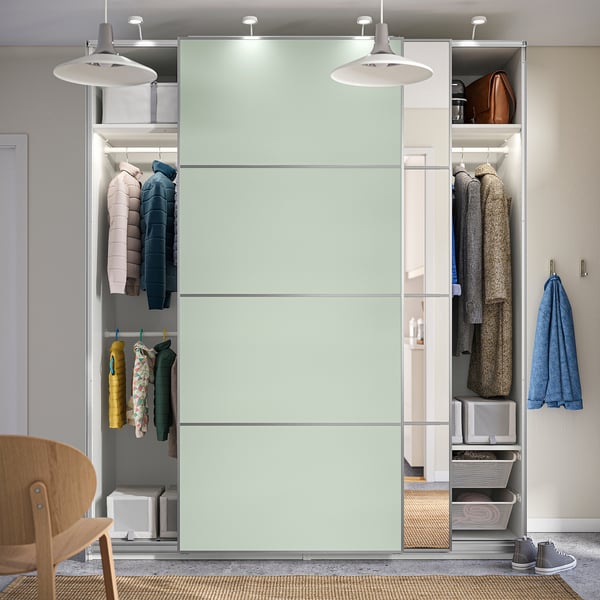IKEA PAX / MEHAMN/AULI Wardrobe With Sliding Doors White Double Sided/light Green Mirror Glass 78 3/4x26x93 1/8 "
