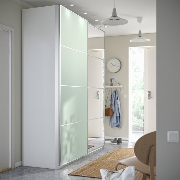 IKEA PAX / MEHAMN/AULI Wardrobe With Sliding Doors White Double Sided/light Green Mirror Glass 78 3/4x26x93 1/8 "