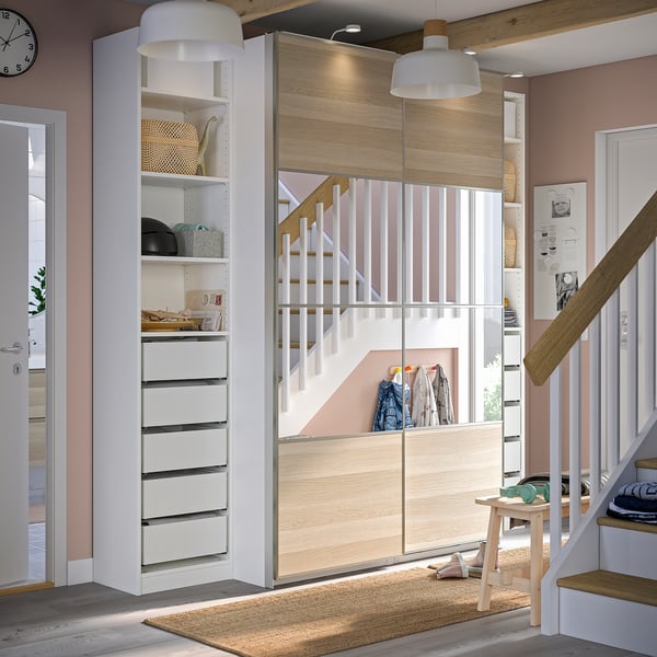 IKEA PAX / MEHAMN/AULI Wardrobe With Sliding Doors White Double Sided/white Stained Oak Effect Mirror Glass 98 3/8x26x93 1/8 "