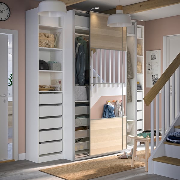 IKEA PAX / MEHAMN/AULI Wardrobe With Sliding Doors White Double Sided/white Stained Oak Effect Mirror Glass 98 3/8x26x93 1/8 "