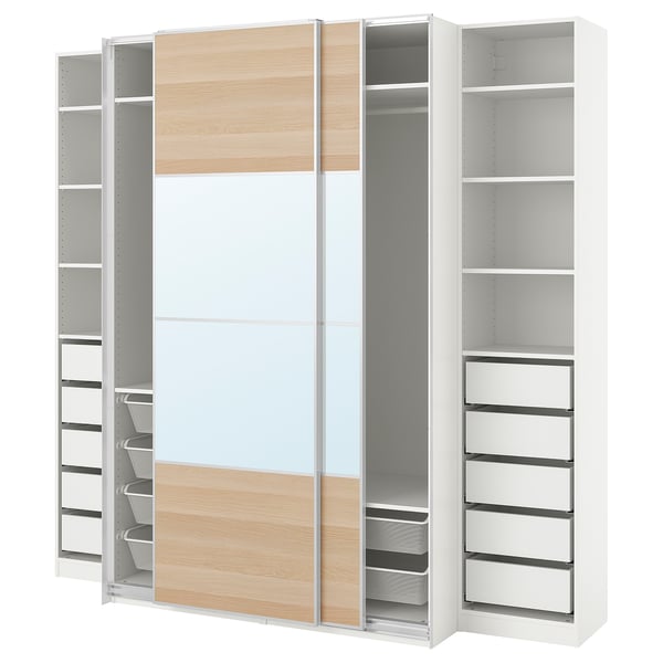 IKEA PAX / MEHAMN/AULI Wardrobe with sliding doors white double sided/white stained oak effect mirror glass 98 3/8x26x93 1/8 "