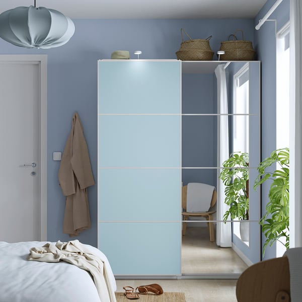 IKEA PAX / MEHAMN/AULI Wardrobe With Sliding Doors White Double Sided/light Blue Mirror Glass 59x16 7/8x79 1/4 "