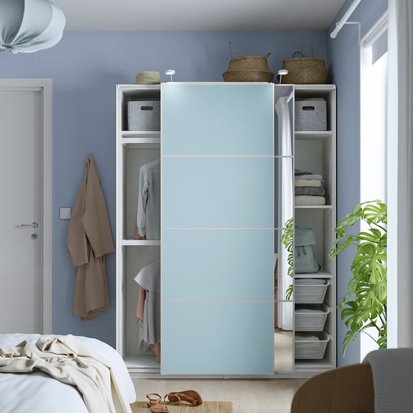 IKEA PAX / MEHAMN/AULI Wardrobe With Sliding Doors White Double Sided/light Blue Mirror Glass 59x16 7/8x79 1/4 "