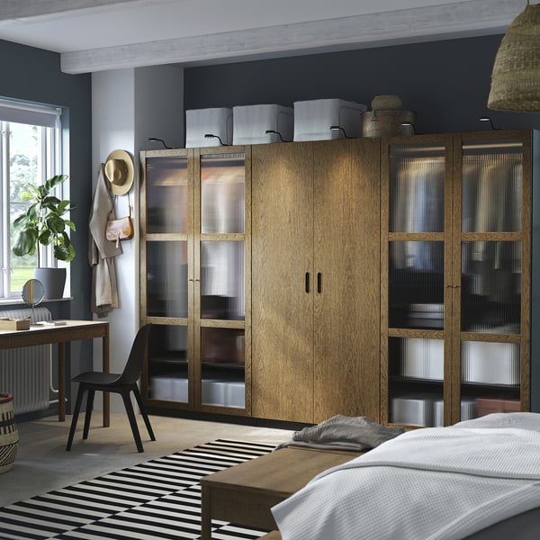 IKEA PAX / TONSTAD Wardrobe Combination Dark Gray Brown/stained Oak Veneer Glass 118 1/8x23 5/8x79 1/4 "