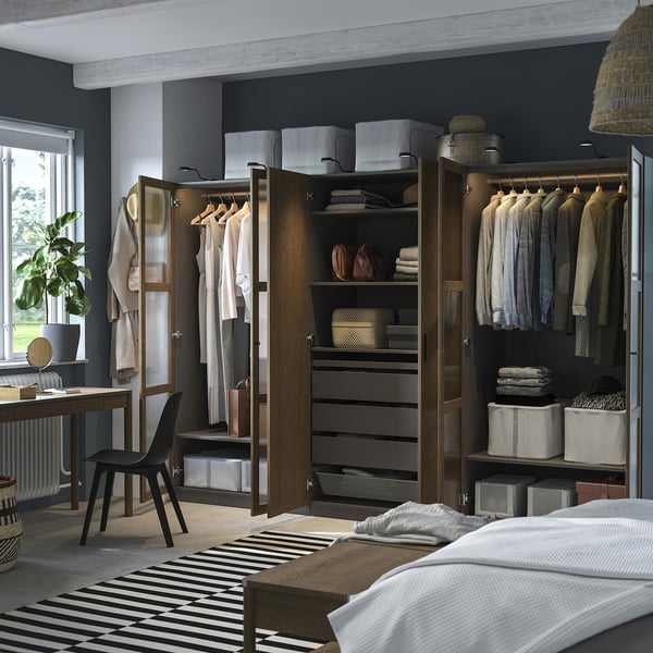 IKEA PAX / TONSTAD Wardrobe Combination Dark Gray Brown/stained Oak Veneer Glass 118 1/8x23 5/8x79 1/4 "