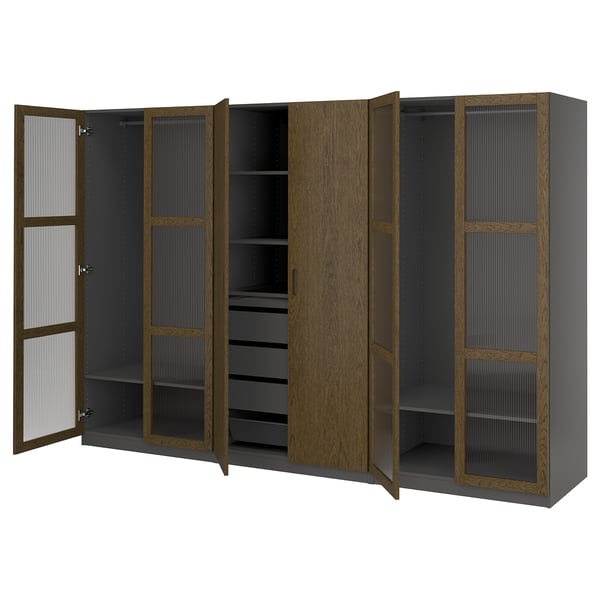 IKEA PAX / TONSTAD Wardrobe combination dark gray brown/stained oak veneer glass 118 1/8x23 5/8x79 1/4 "