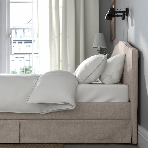 IKEA RAMNEFJÄLL Upholstered Bed Frame Kilanda Light Beige/Luröy Queen