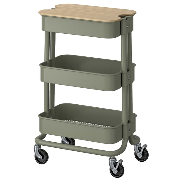 IKEA RÅSKOG / NORRÅVA Trolley with lid gray-green 11x15x24 "