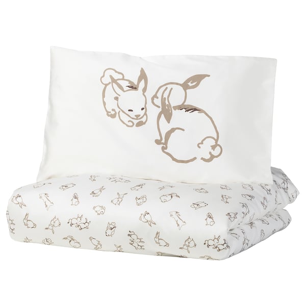 IKEA RÖDHAKE Duvet cover 1 pillowcase f crib rabbit pattern/white/beige 43x49/14x22 "