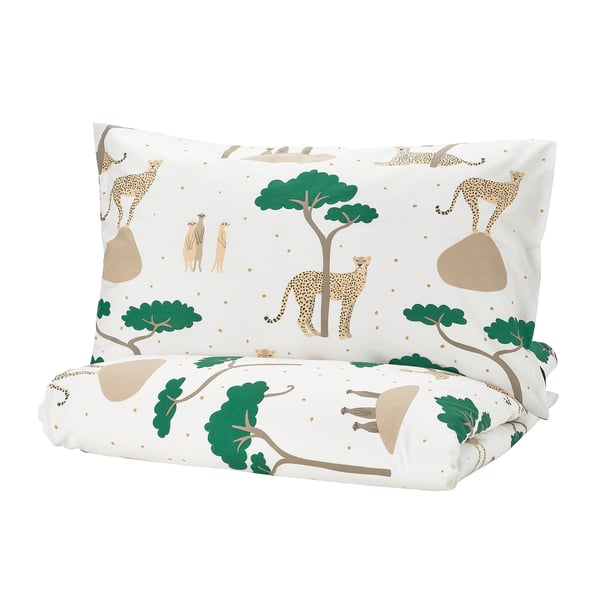 IKEA SANDLÖPARE Duvet cover and pillowcase(s) white dark blue/savannah Twin