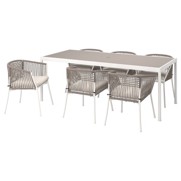 IKEA SEGERÖN Table+6 armchairs outdoor white/beige/Frösön/Duvholmen beige 83 1/2 "