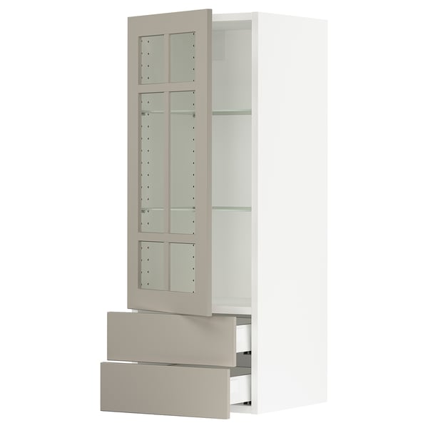 IKEA SEKTION / MAXIMERA Wall cabinet w glass door/2 drawers white/Stensund beige 15x15x40 "