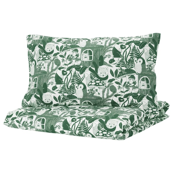 IKEA SKOGSDUVA Duvet cover and pillowcase(s) white green/forest pattern Twin