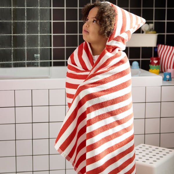 IKEA SKOGSSALLAT Towel With Hood Red/white/stripe 28x55 "