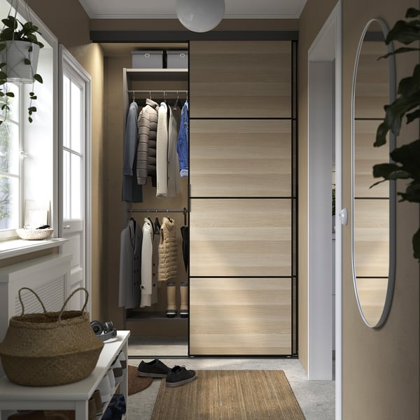 IKEA SKYTTA / AURDAL Reach-in Wardrobe With Sliding Door Black Mehamn/white Stained Oak Effect Dark Gray 59 7/8x25 5/8x94 1/2 "