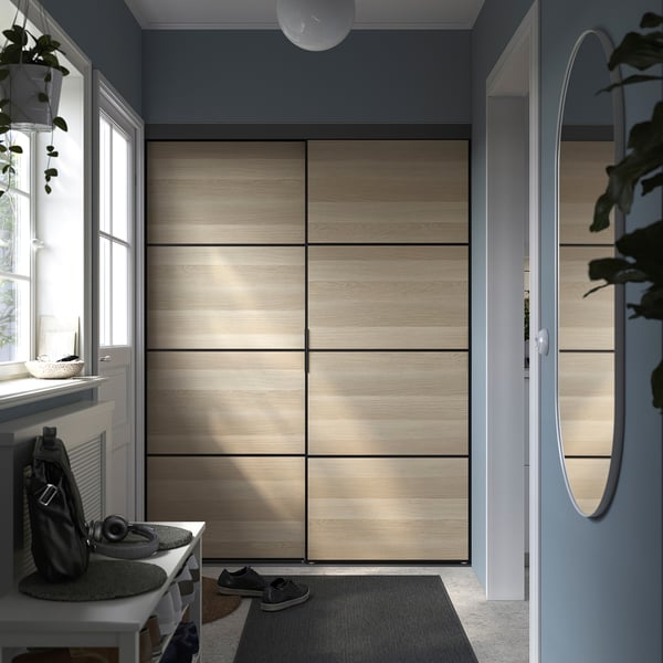 IKEA SKYTTA / BOAXEL Reach-in Wardrobe With Sliding Door Black Double Sided/Mehamn White Stained Oak Effect 59 7/8x25 5/8x80 1/2 "