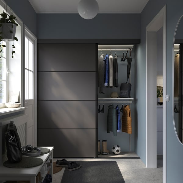 IKEA SKYTTA / BOAXEL Reach-in Wardrobe With Sliding Door Black Double Sided/Mehamn Dark Gray 69 5/8x25 5/8x80 1/2 "