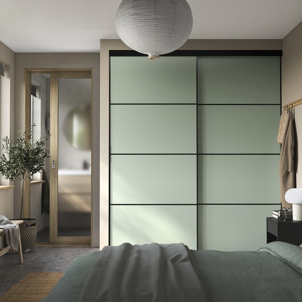 IKEA SKYTTA / BOAXEL Reach-in Wardrobe With Sliding Door Black Metal/Mehamn Light Green 79 1/2x25 5/8x94 1/2 "