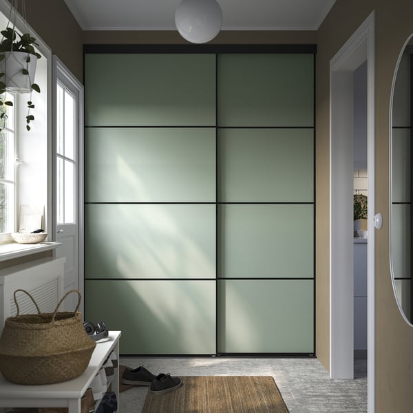 IKEA SKYTTA / BOAXEL Reach-in Wardrobe With Sliding Door Black Metal/Mehamn Light Green 69 5/8x25 5/8x94 1/2 "