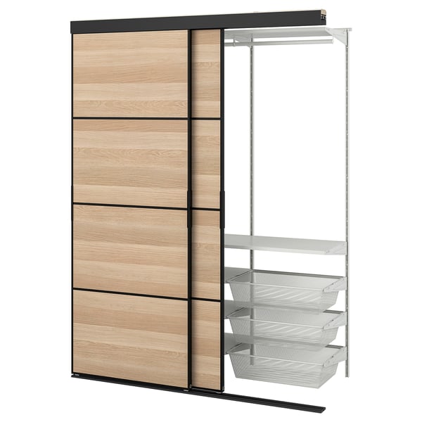 IKEA SKYTTA / BOAXEL Reach-in wardrobe with sliding door black double sided/Mehamn white stained oak effect 59 7/8x25 5/8x80 1/2 "