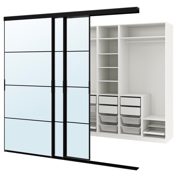 IKEA SKYTTA / PAX Walk-in wardrobe with sliding doors black/Auli mirror glass 108 5/8x63x94 1/2 "