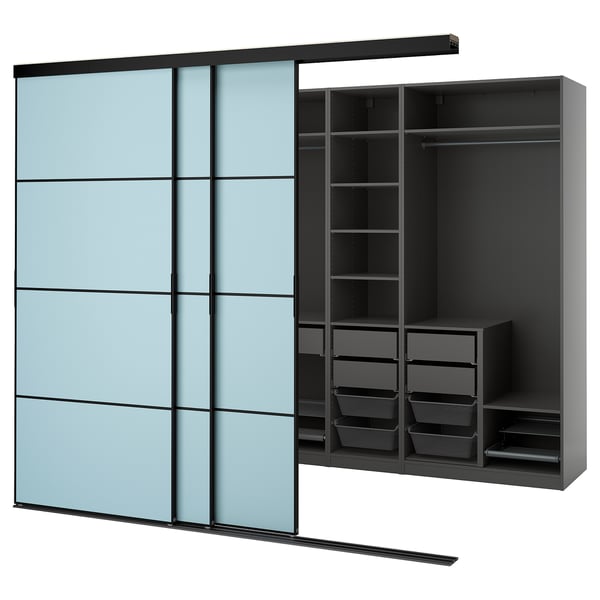 IKEA SKYTTA / PAX Walk-in wardrobe with sliding doors black dark gray/Mehamn light blue 108 5/8x63x94 1/2 "