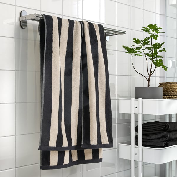 IKEA SLÅNHÖSTMAL Bath Towel Black/light Beige Stripe 28x55 "