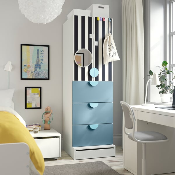 IKEA SMÅSTAD / UPPFÖRA Wardrobe White Stripe/blue With 3 Drawers 23 5/8x25 5/8x77 1/8 "