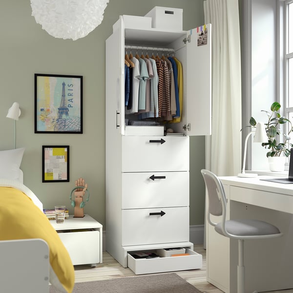 IKEA SMÅSTAD / UPPFÖRA Wardrobe White Stripe/blue With 3 Drawers 23 5/8x25 5/8x77 1/8 "