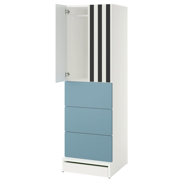 IKEA SMÅSTAD / UPPFÖRA Wardrobe white stripe/blue with 3 drawers 23 5/8x25 5/8x77 1/8 "