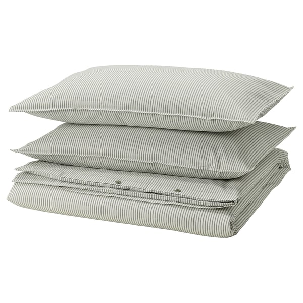 IKEA SOLFIBBLA Duvet cover and pillowcase(s) white green/stripe Full/Queen (Double/Queen)