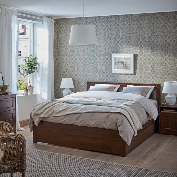 IKEA SONGESAND Bed Frame With 4 Storage Boxes Brown/Luröy Queen