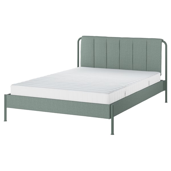 IKEA TÄLLÅSEN Upholstered bed frame with mattress Kulsta gray-green/Valevåg firm Queen