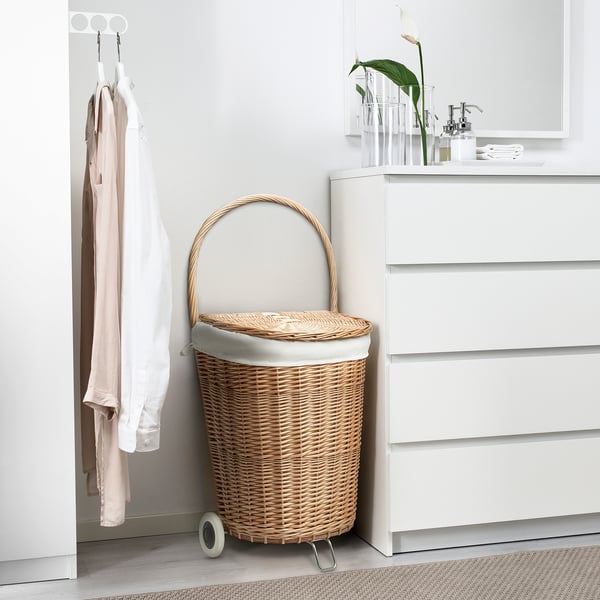 IKEA TOLKNING Laundry Basket On Wheels Handmade Willow 8 Gallon