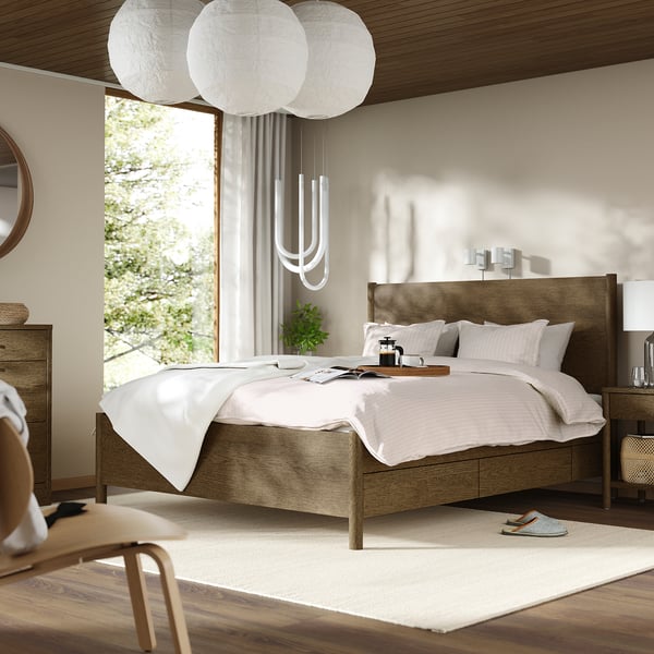 IKEA TONSTAD Bedroom Furniture Set Of 3 Incl Bed Storage/brown Stained Oak Veneer Queen