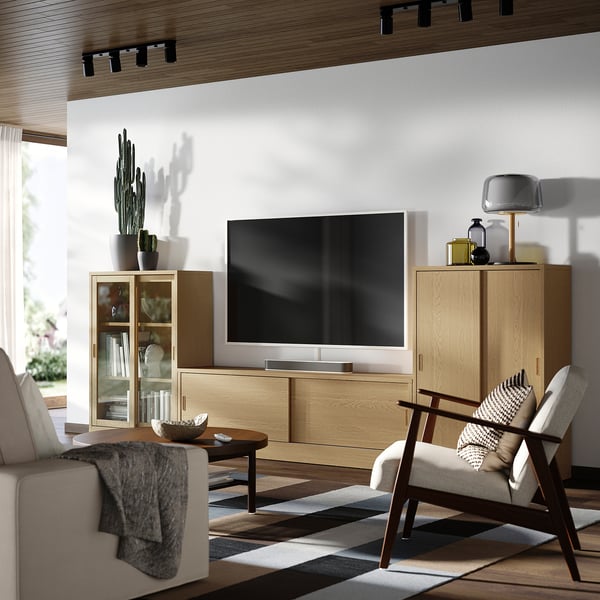 IKEA TONSTAD TV Storage Combo With Sliding Doors Oak Veneer/clear Glass 134 5/8x14 5/8x47 1/4 "