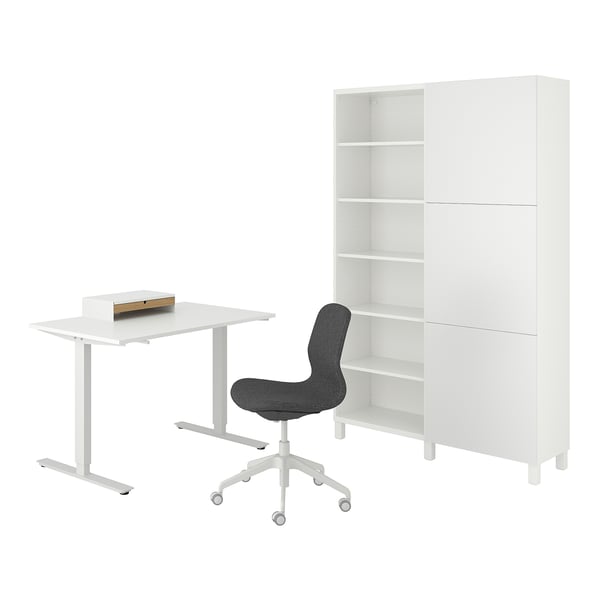 IKEA TROTTEN/LÅNGFJÄLL / BESTÅ/LAPPVIKEN Desk and storage combination and swivel chair white/gray