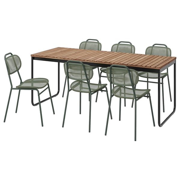 IKEA VÄSMAN / ENSHOLM Table+6 chairs outdoor extendable light brown stained/green 53 1/8/74 3/4x29 1/8 "