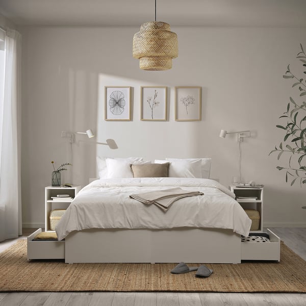 IKEA VIHALS Bed Frame With 4 Storage Boxes White/Luröy Queen