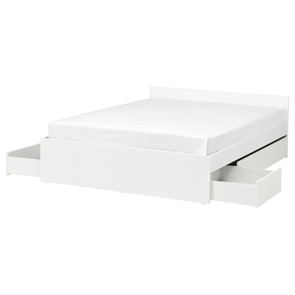 IKEA VIHALS Bed frame with 4 storage boxes white/Luröy Queen