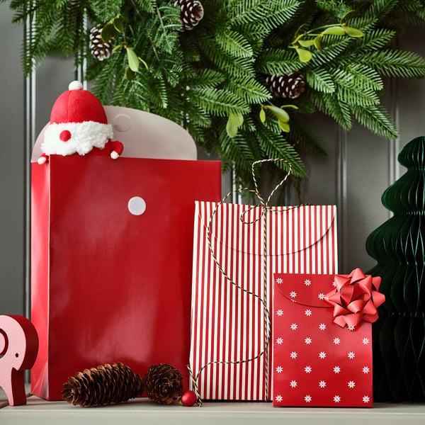 IKEA VINTERFINT Gift Bag Set Of 3 Mixed Patterns Red