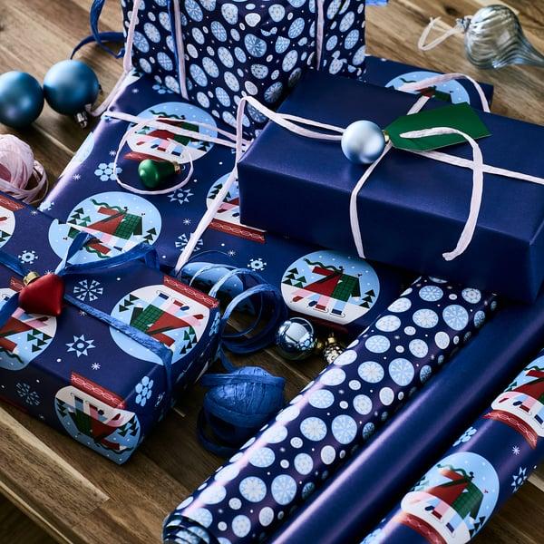 IKEA VINTERFINT Gift Wrap Roll Mixed Patterns Blue 9.84x2.30 '/22.60 Sq Feet